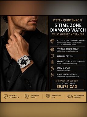Ice-Tek Quintempo II 7.11CT Diamond Swiss Watch Box, Papers & Appraisal